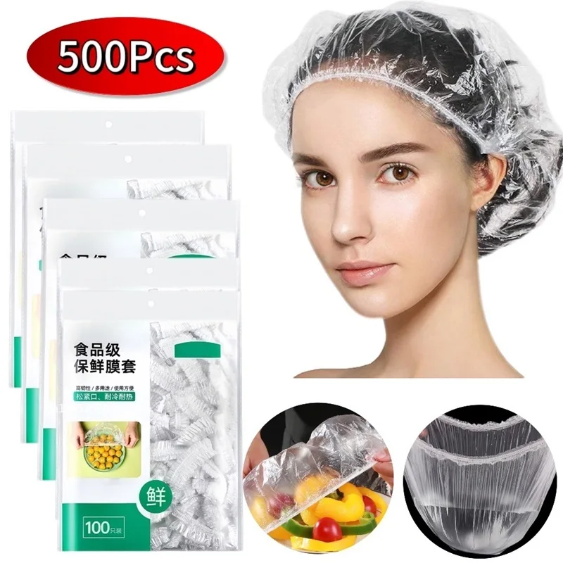 100/200/500 Pcs Disposable Shower Cap for Extension Clear Beauty Hair Hat Shower Cap Elastic Mesh Shape Waterproof Bath Hat