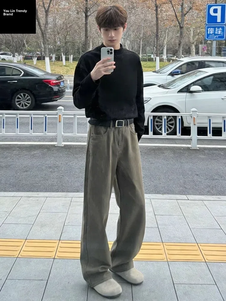 

Brown American Retro Spring Denim Jeans Men's High Waist Elastic Cotton Straight Leg Trousers Wear Resistant Casual Jeans