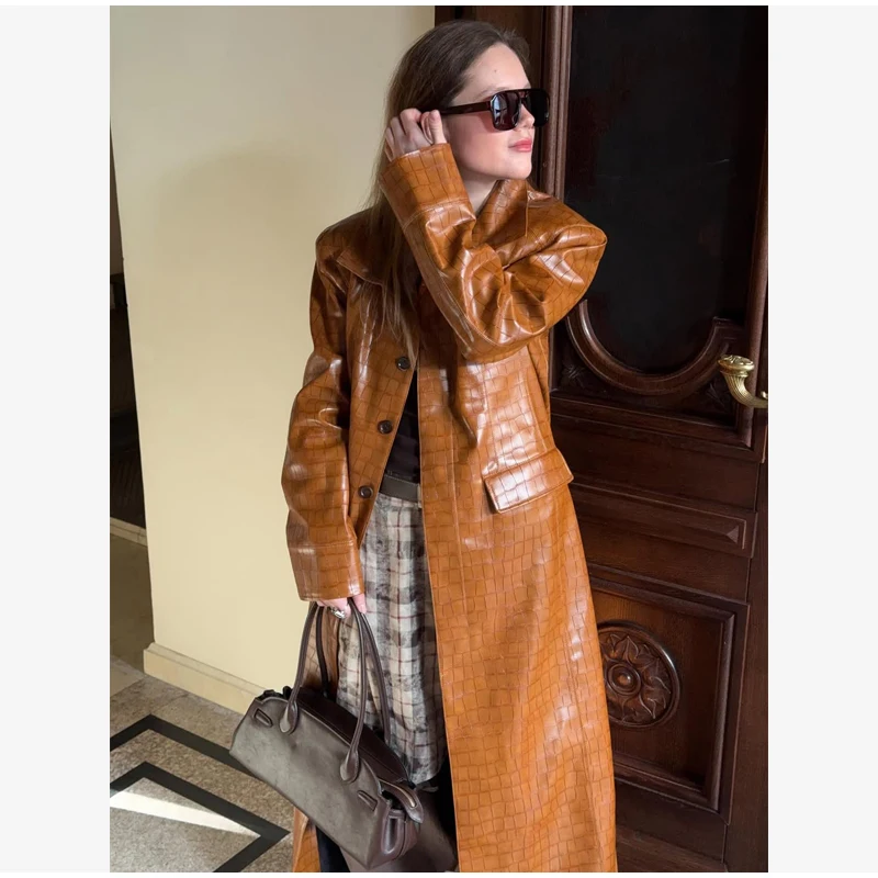 Crocodile Embossed Faux Leather Long Jackets Chic Wide Lapel Belted Waist Quarter Sleeve Loose Coat Women Street Chic Outfits