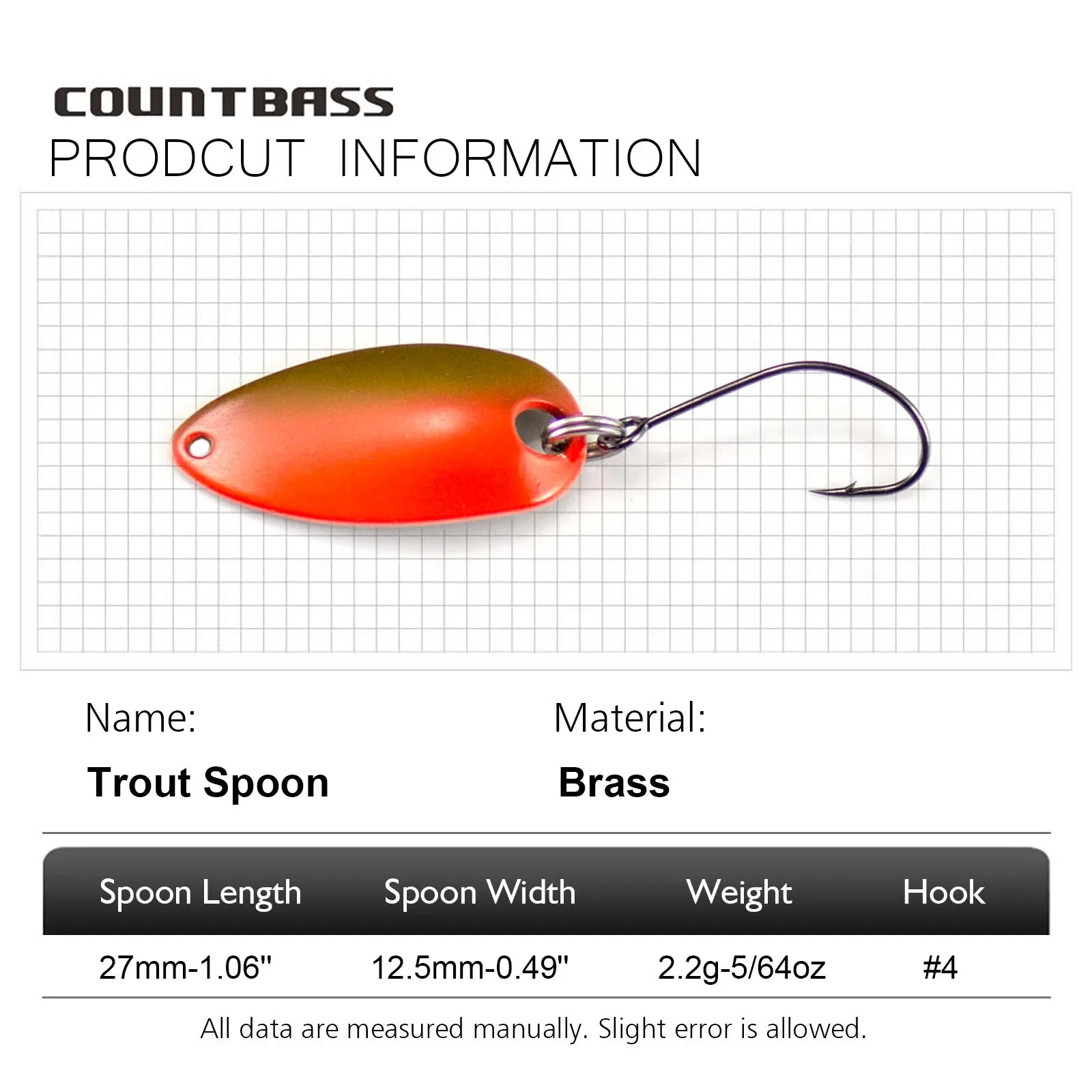 Countbass 6 PCSCasting Spoon Size 27x12.5mm, 2.2g  5/64oz Freshwater Salmon Trout Pike Bass Metal Brass Fishing Lures Fish Bait