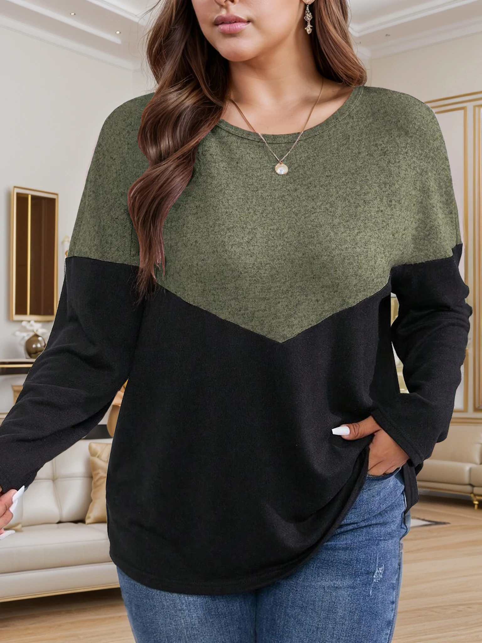 Orientierung plus Größe Damen Langarm farb blockiertes Rundhals-Top – Detail 2