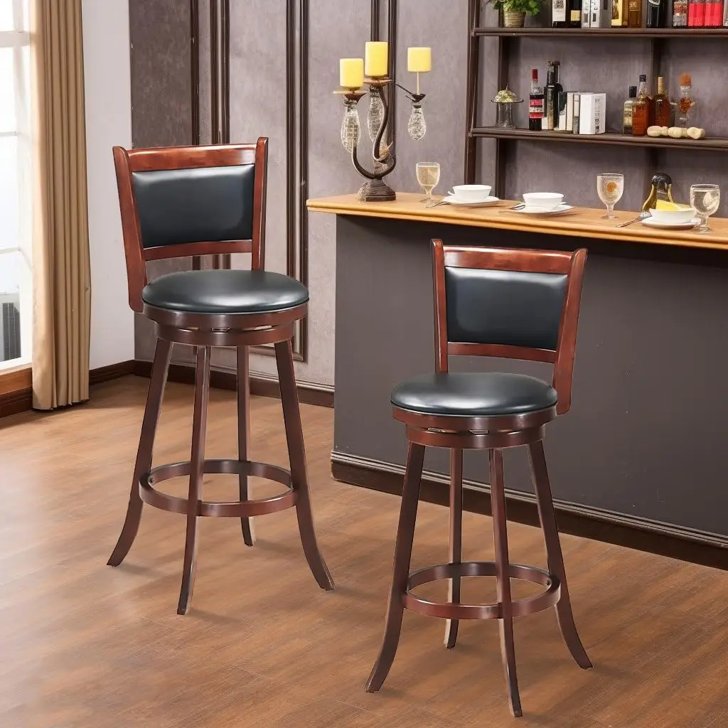 ERGOMASTER Bar Stools Set of 2, 29” Bar Height Bar Stools for Kitchen Island, Rubber Wood, Swivel Barstools with Backs for Pub,