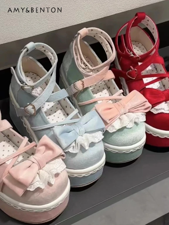 

Kawaii Girl Elegant Princess High Heels Lolita Style Cute Bow High-End Velvet Thick Sole Shoes Women Sweet Mary Jane Shoes Heels