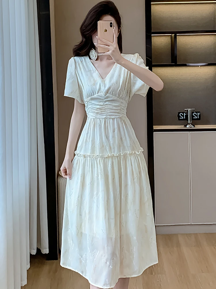 Summer White Jacquard Floral Short Sleeve V-Neck Midi Dress Women Elegant Ruffled Pleated Dress 2025 Korean Bodycon Party Dress