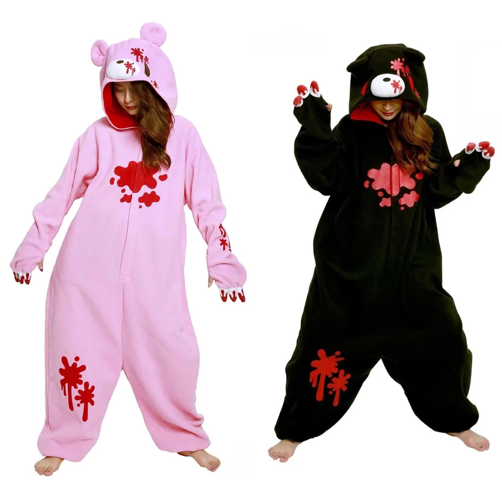 

Черно-розовый флисовый комбинезон-пижама «Мрачный кровавый медведь» для косплея, взрослый костюм для сна на Хэллоуин, Пурим, Карнавал