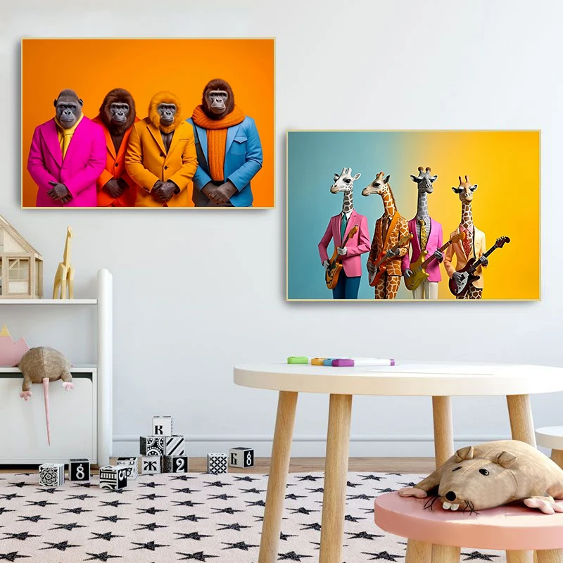 Cool Giraffe Gorilla Rock Band Canvas Poster Print Animal Wall Art Painting Modern Colorful Picture Living Room Decor No Frame