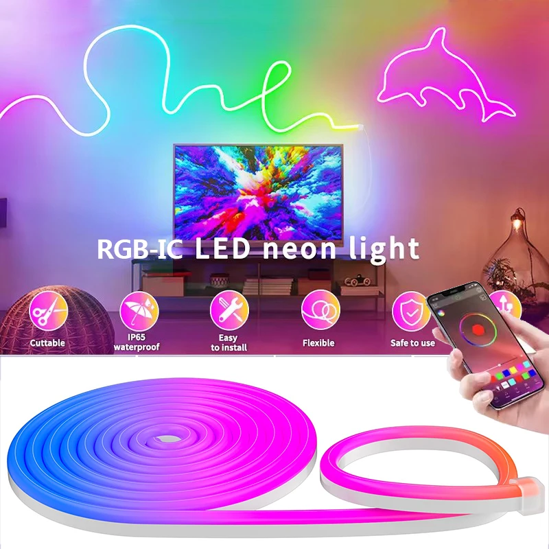 RGBIC النيون LED قطاع أضواء 1 متر-5 متر مرنة النيون حبل ضوء بلوتوث App التحكم DIY النيون قطاع ضوء للمنزل إضاءة ديكوريّة