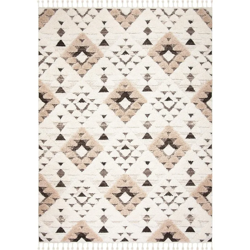 SAFAVIEH Moroccan Tassel Shag Collection Area Rug - 8' x 10', Ivory & Brown, Boho Design, Non-Shedding & Easy Care