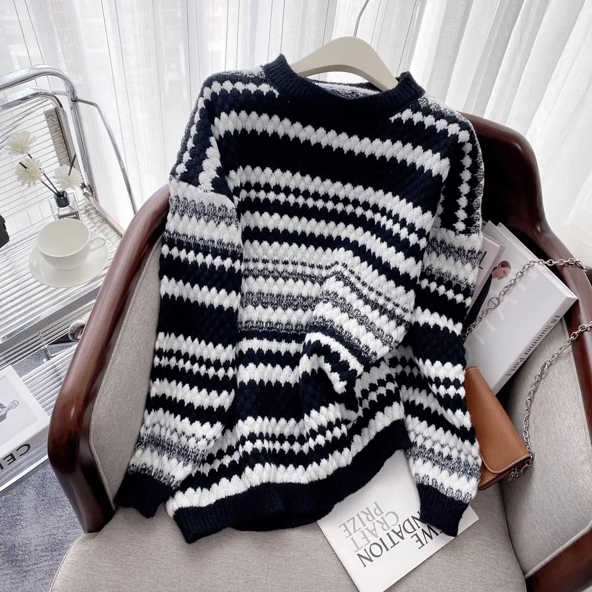 

Women's Mid-Length Base irt Sweater Outerwear Loose Fit ark Skin Pattern Autumn Winter New Sle Long Sve round Ne