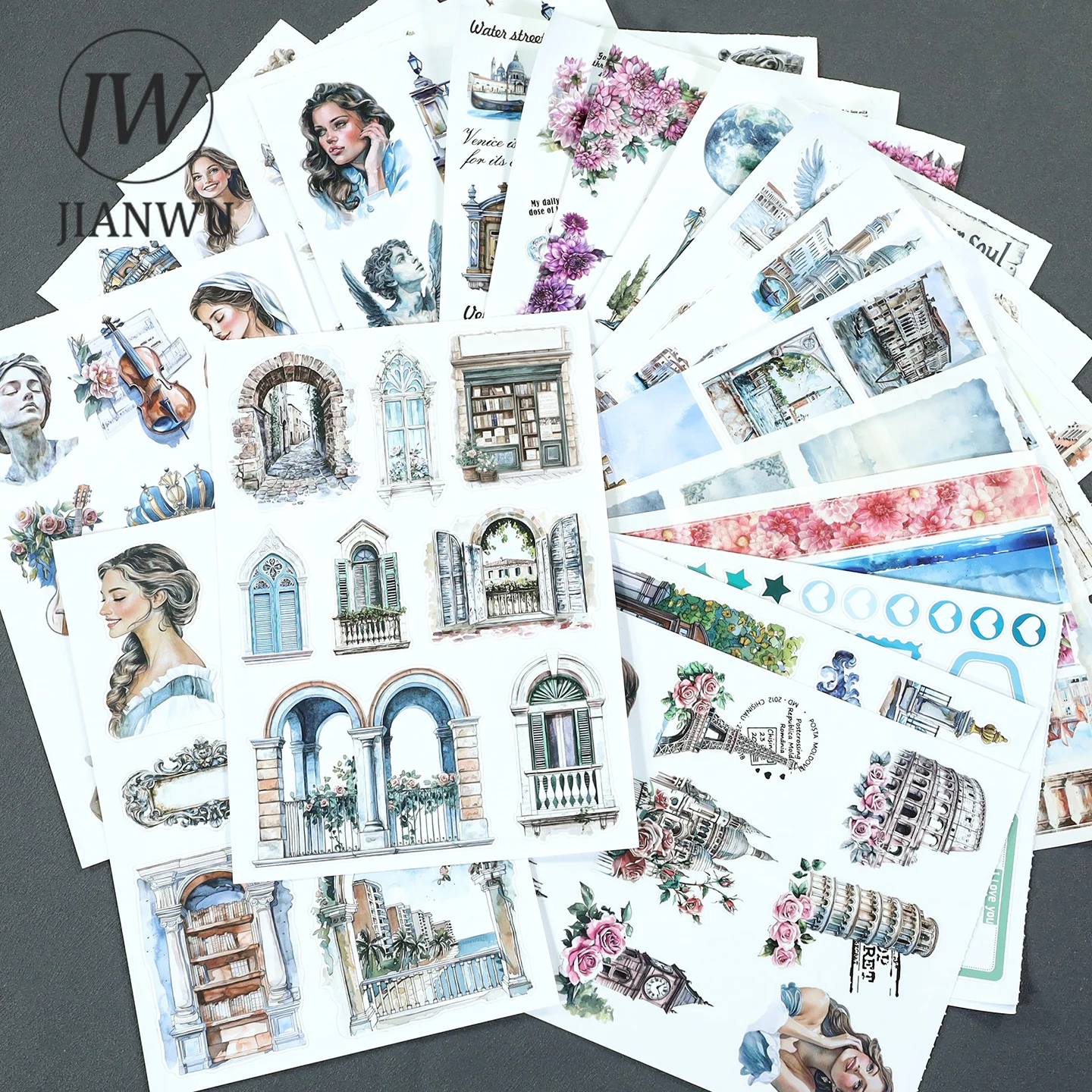 JIANWU 20 Sheets/book Vintage Flower Character City Landscape Material Collage Sticker Book Creative DIY Journal Stationery
