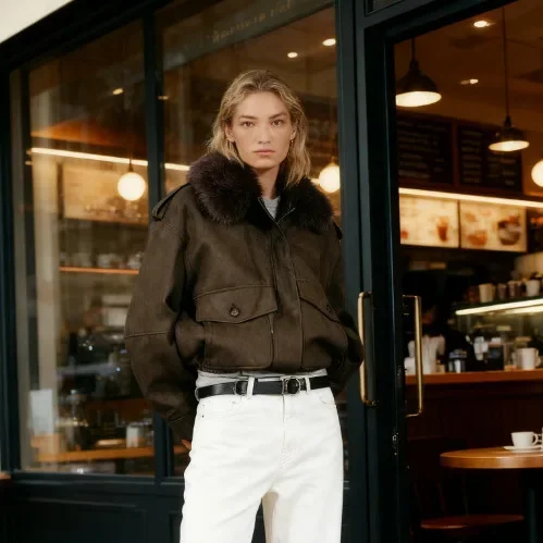 2025 Autumn New Olive Green Elegant Design Fashion Versatile Fur Collar Suede Like Short Women Outerwear