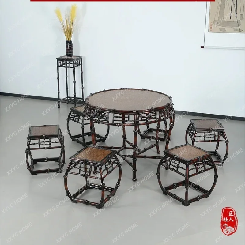 XX Antique Tang Style Drum Table Balcony  Bamboo Woven round Tea Table Household Tea Brewing Tea