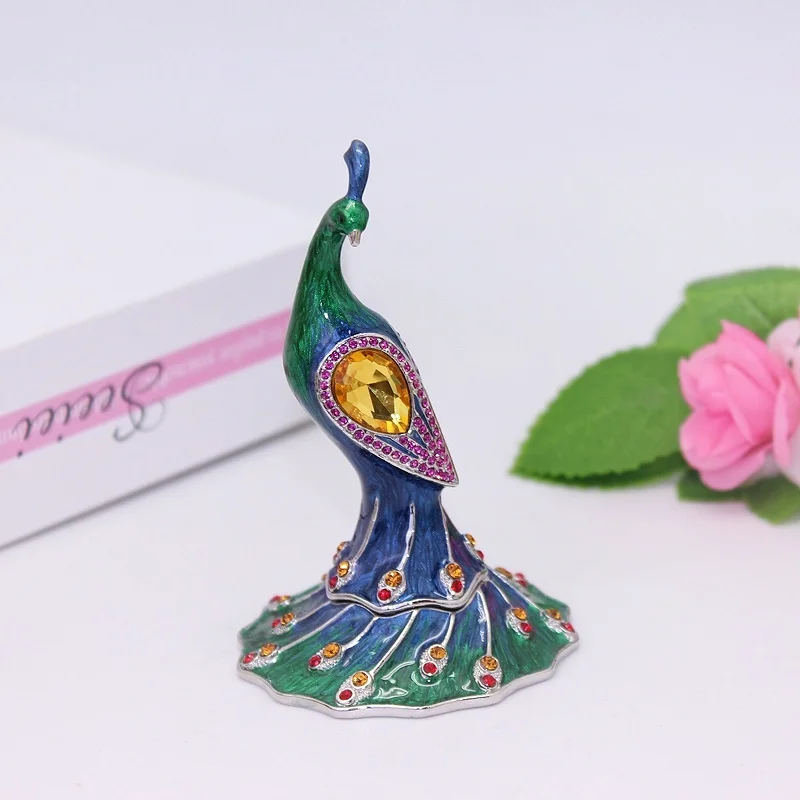 SHINNYGIFTS New Style Pewter Enamel Metal Trinket Box New Standing Peacock Decorative Box Ornament Gift Box