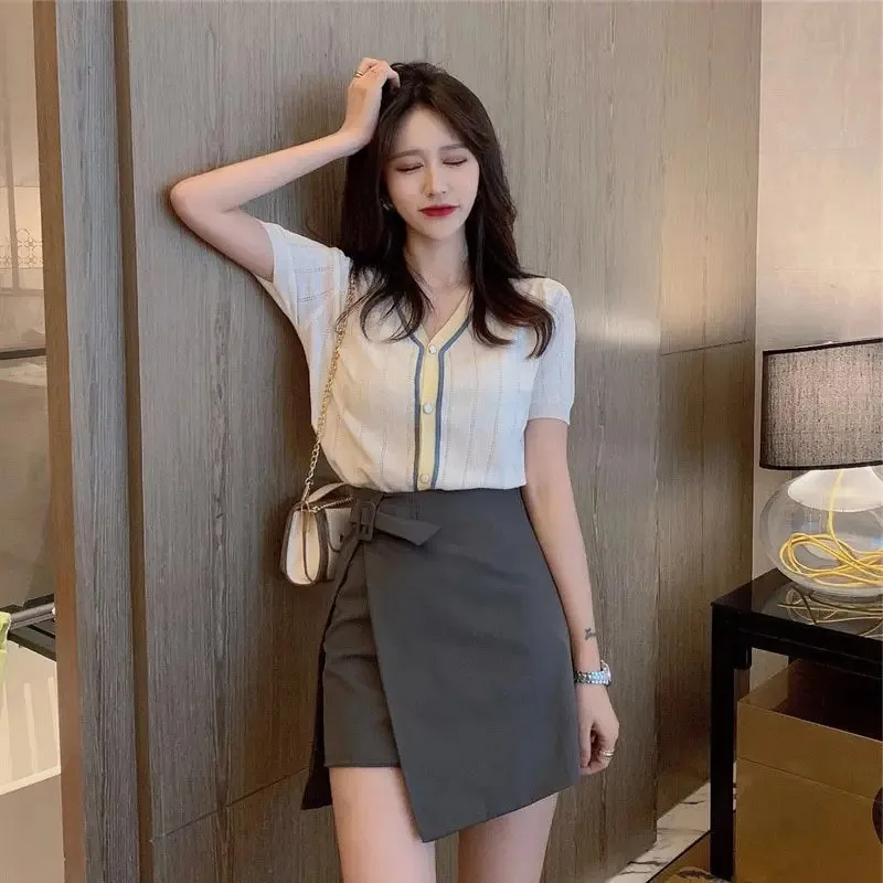 Short Sleeve Skirt 2 Pieces Sets for Women Lightly Cooked Woman Outfit Slit Commuting Clothing Trend 2024 Jacket Top and Bottom