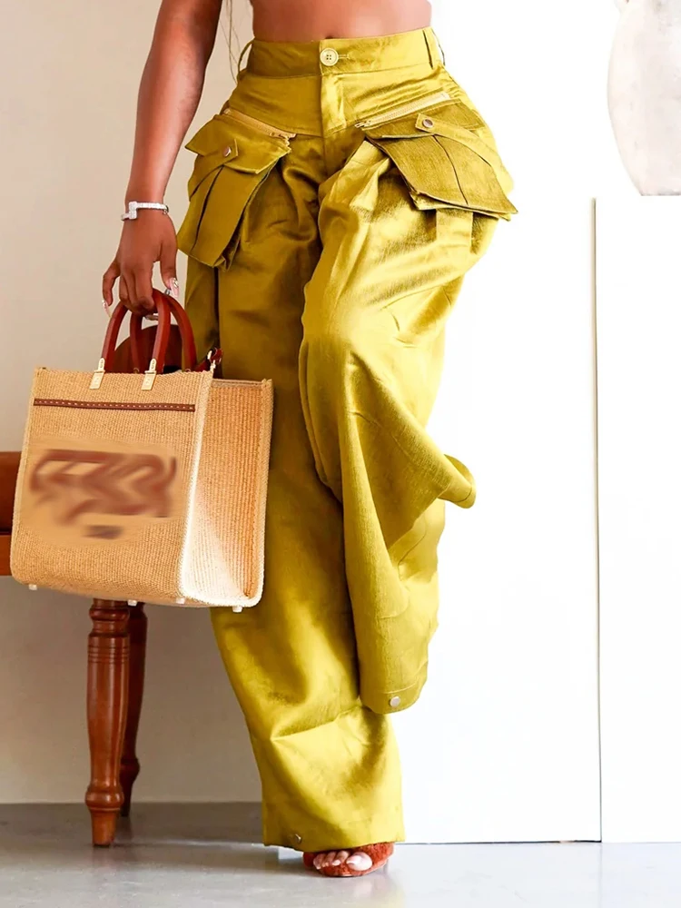 CHICEVER Patchwork Pockets Chic Pant For Women High Waist Streetwear Solid Loose Wide Leg Pant Female Spring Fashion Clothing