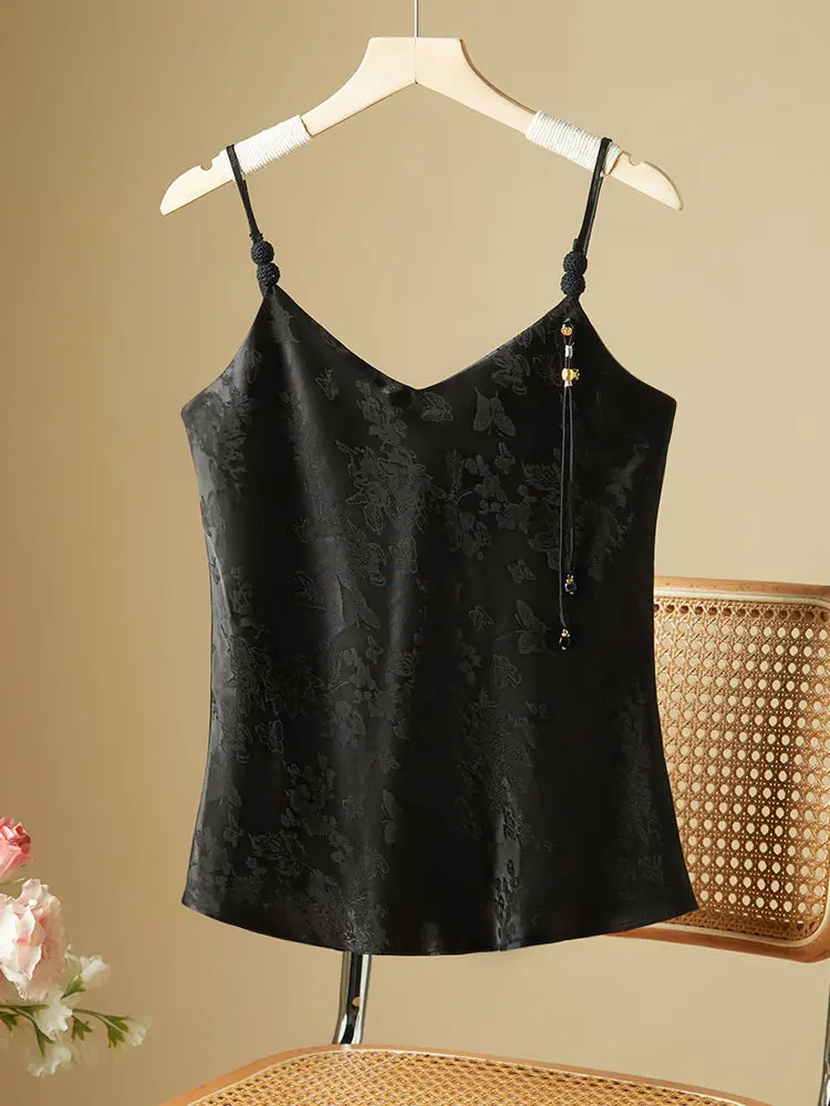 Jacquard Satin Silk Vest Women Retro Casual V Neck Suspensder Chinese Style Vintage Sleeveless Tops