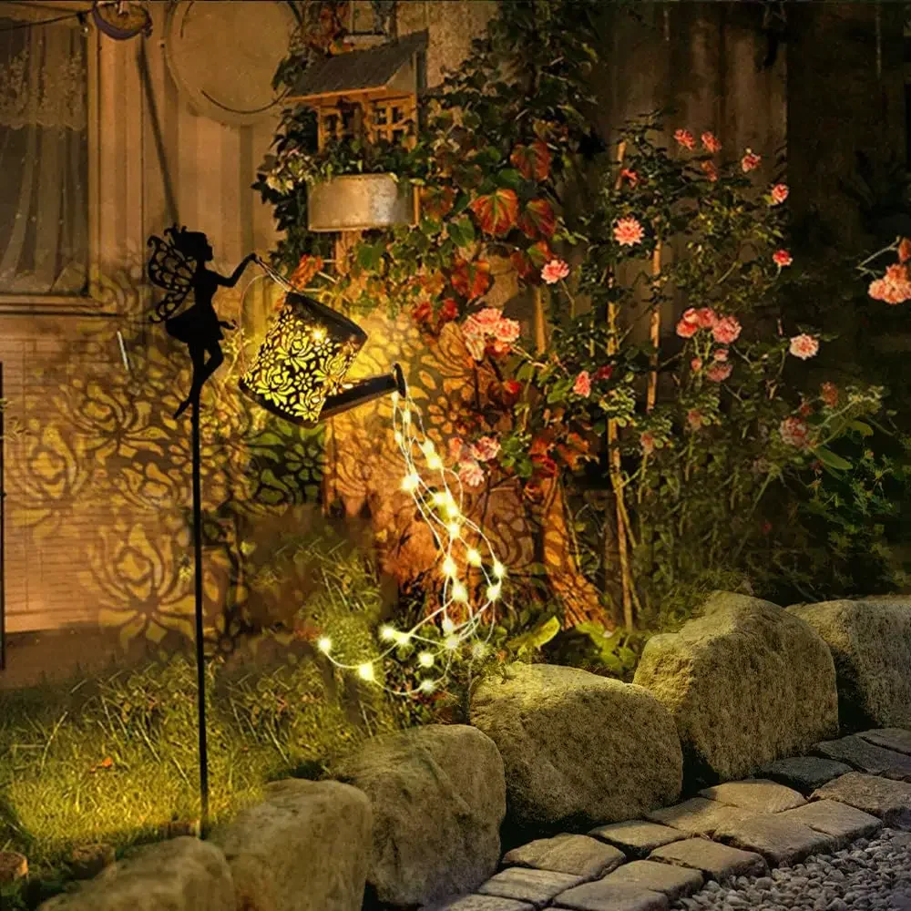 Fairy Garden Stake with Solar Watering Can Light Metal Hanging Retro Lamp Decoration for Outdoor Garden Yard Patio Backyard Lawn