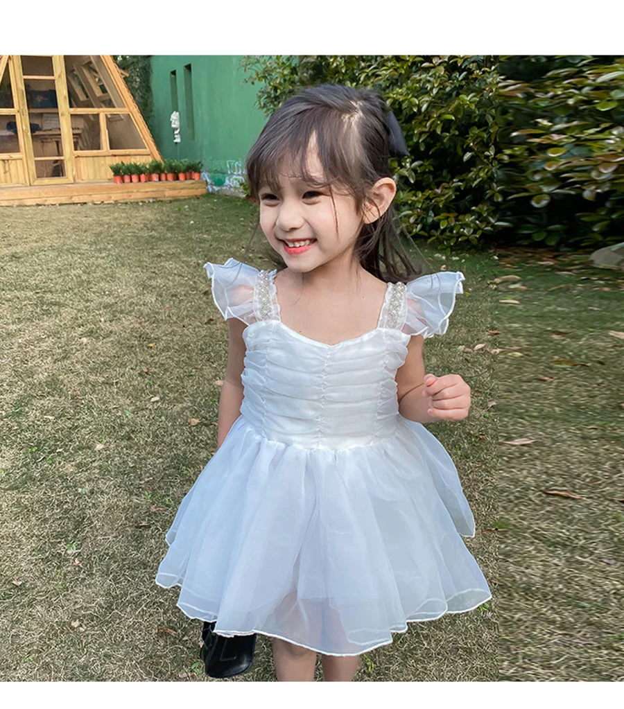 White Flower Girl Dress for Wedding Suspenders Tulle Simple Princess Sleeveless Dress Kids Birthday Party Pagenat Ball Gowns