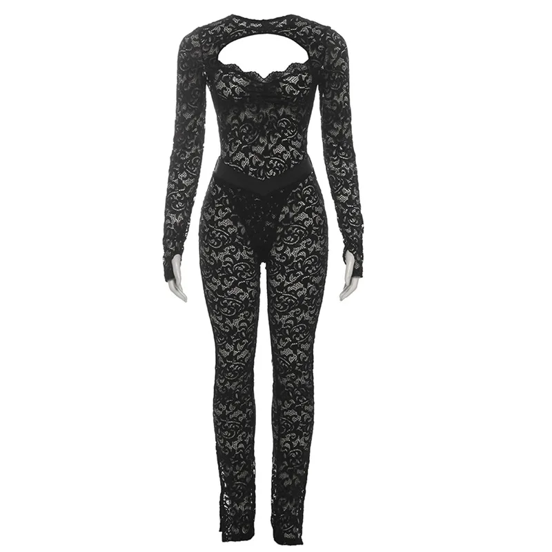 Sexy Mesh Lace Two Piece Pant Set Women Spring Backless Tracksuits Elegant Luxury Outfits Club Wear 2-częściowe zestawy spodni Outfits — zdjęcie 5
