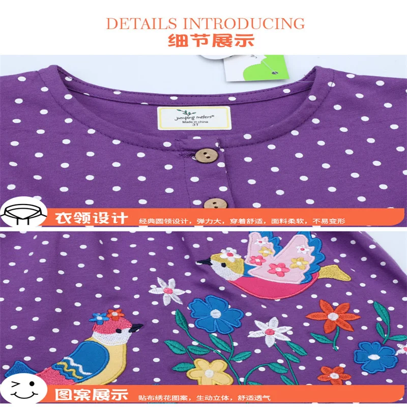 Jumping Meters 2-7T Summer Girls Dresses Birds Embroidery Short Sleeve Dots Party Children\'s Clothes Toddler Frocks Costume