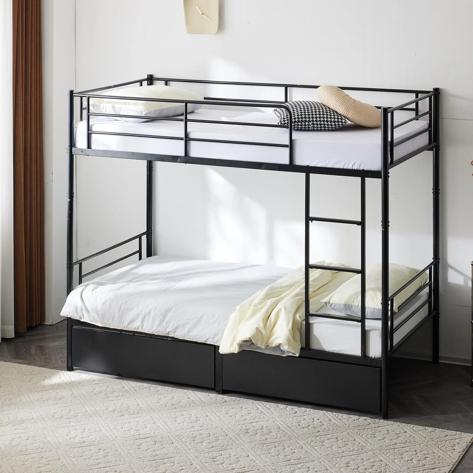Twin Over Twin Metal Bunk Beds Convertible Bed Frame with Ladder and 2 Draweres