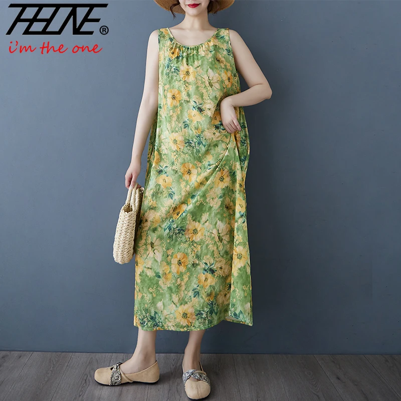 THHONE Letnie sukienki dla kobiet 2025 Print Bohemian Robe Vestidos De Mujer Tank Sleeveless O Neck Vintage Casual A-line Dress