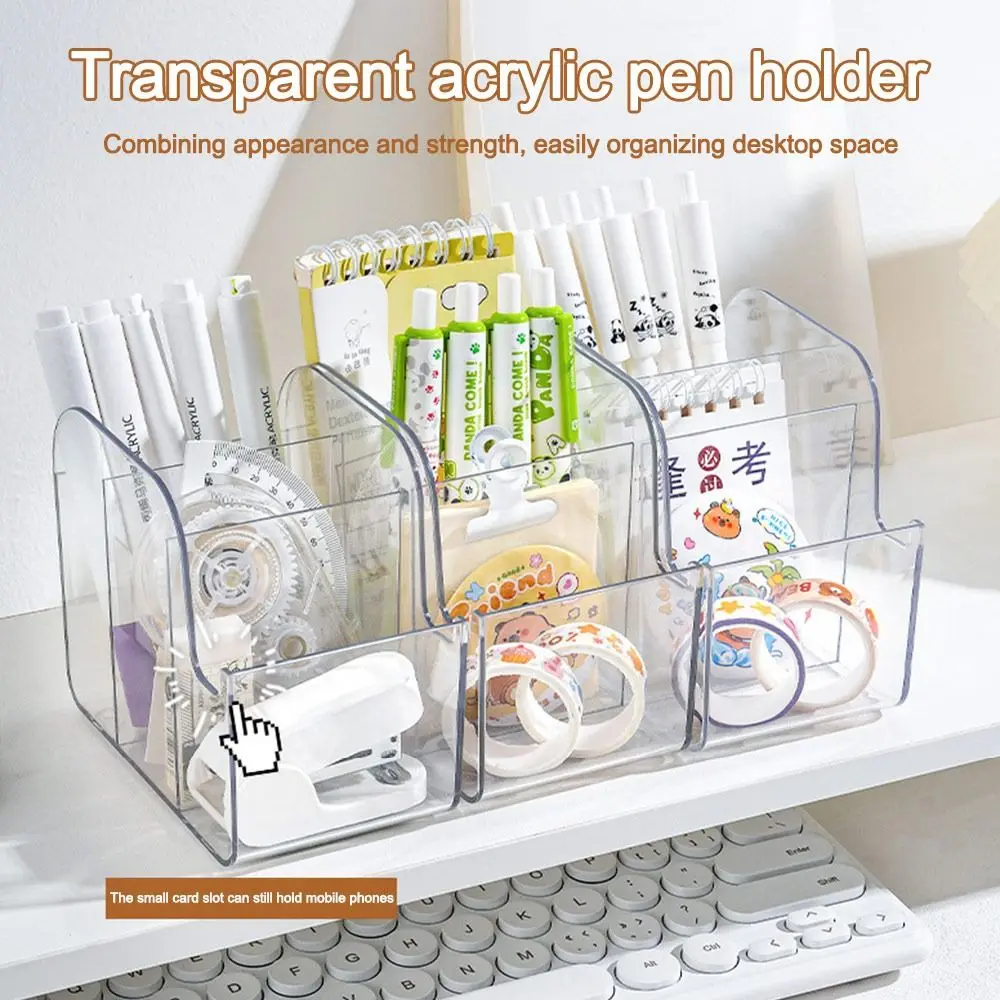 

New Transparent Desk Stationery Storage Box INS Style 3 Grids Pen Storage Box Large Capacity Makeup Brushes Box