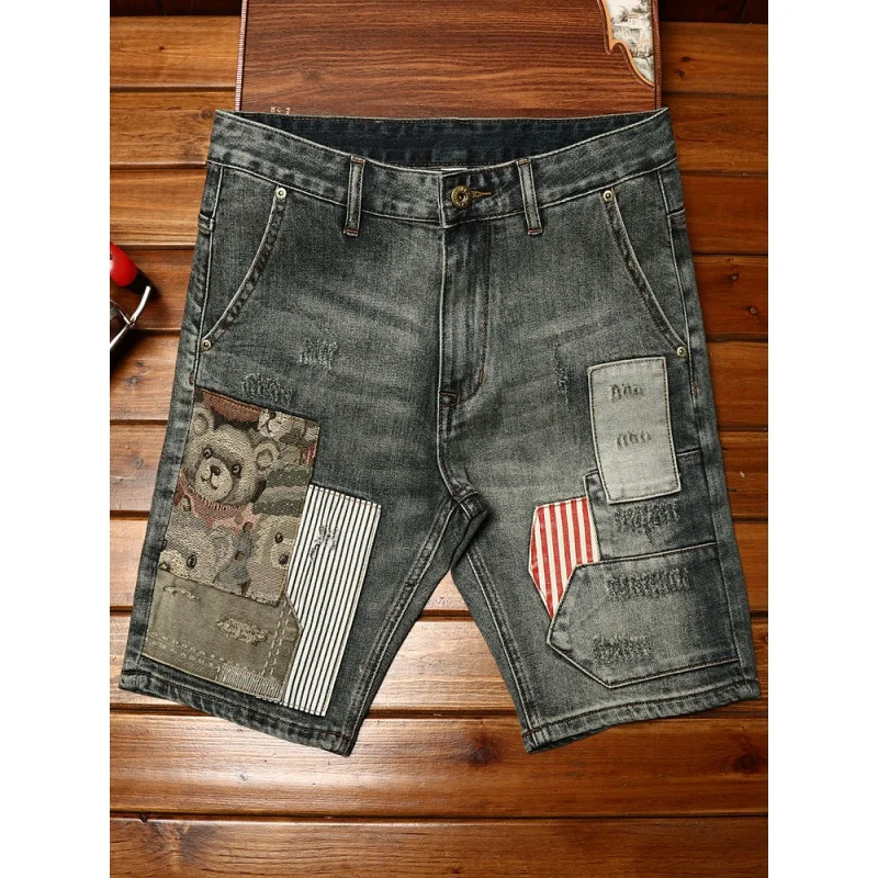 Shorts jeans bordados de alta qualidade para homens, slim fit, calça casual coreana cortada na moda, moda stretch, verão, 2024