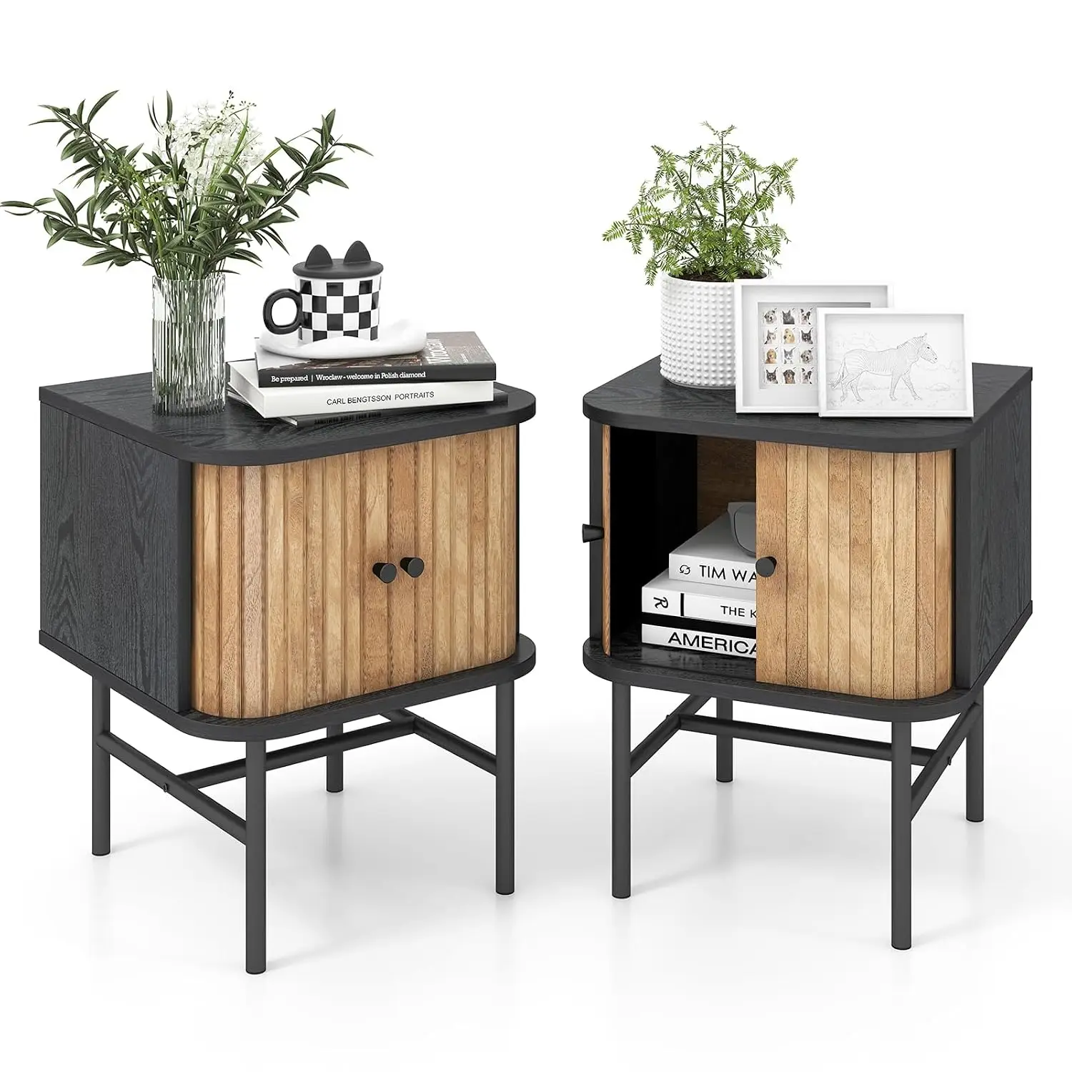 Mid-Century 2-Pack Wood Nightstand Sliding Door Storage Cabinet Metal Leg Compact Bedroom Small Space, Customized