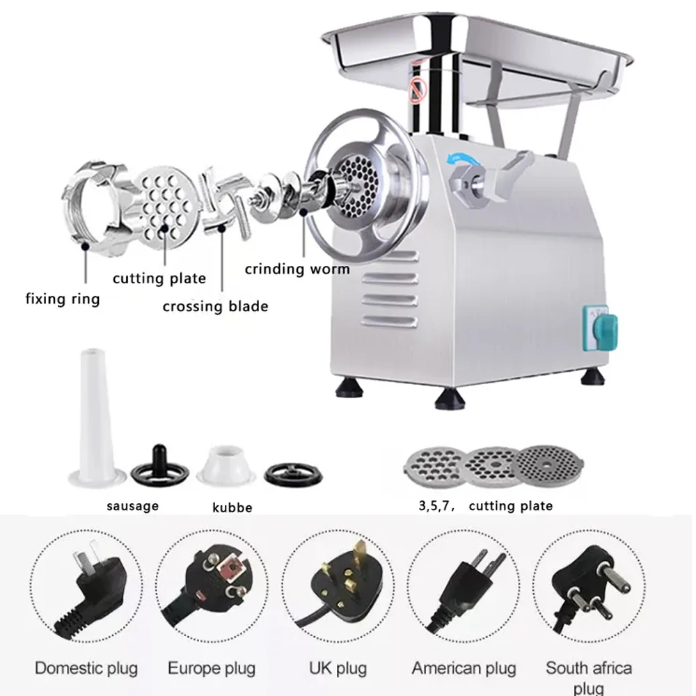220kg/h Italian-Style Electric Meat Grinder 1100W Motor 2 Grinding Sizes Stainless Steel for Beef Pork Pet Food New Condition