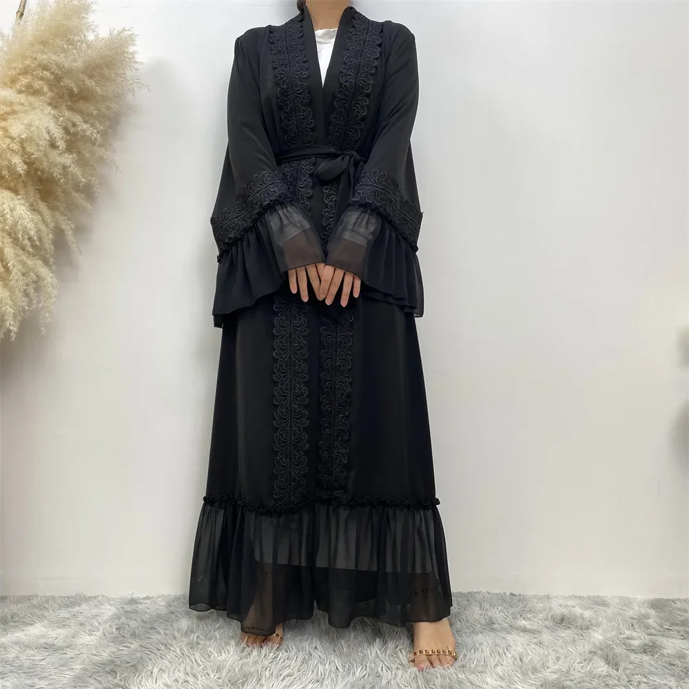 Flor preta bordado aberto abaya dubai turquia kaftan muçulmano cardigan vestidos para mulheres caftan islam roupas para mulheres muçulmanas