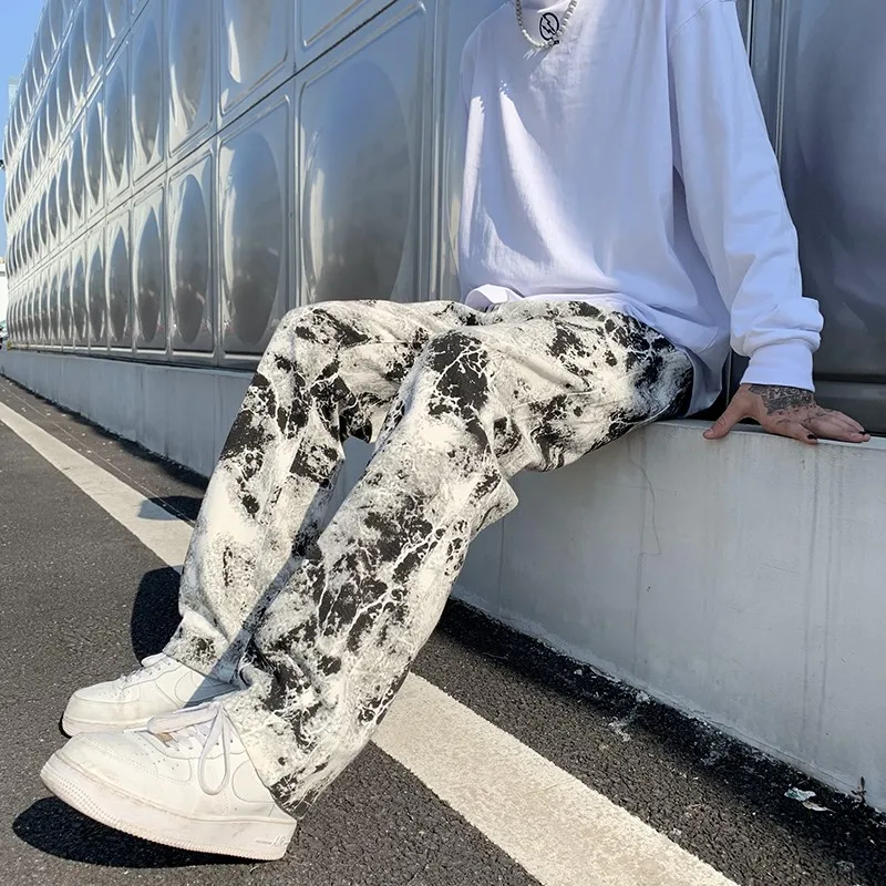 Printed jeans men Spring 2025Tie dye Jeans Fashion trend Denim Trousers Korean Style High Street Straight Hip Hop Jean Pants man