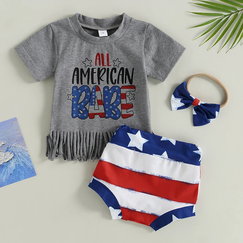 4th of July Infant Girls Outfit American Flag Print Tassel Hem Top Star Striped Shorts Headband 3 Piece Set