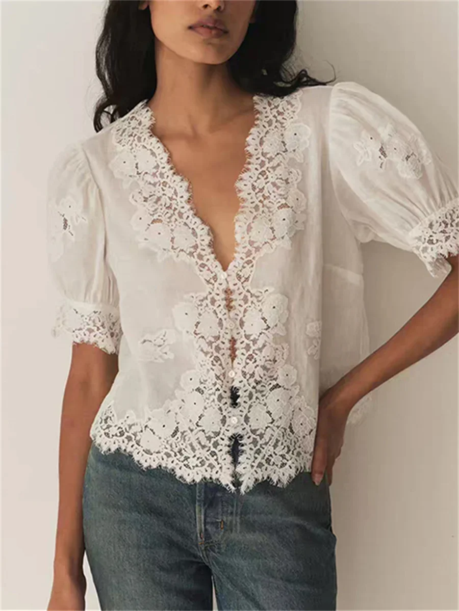 Women's White or Black Shirt Puff Sleeve Single Breasted Lace V-Neck Shirt Tops Summer