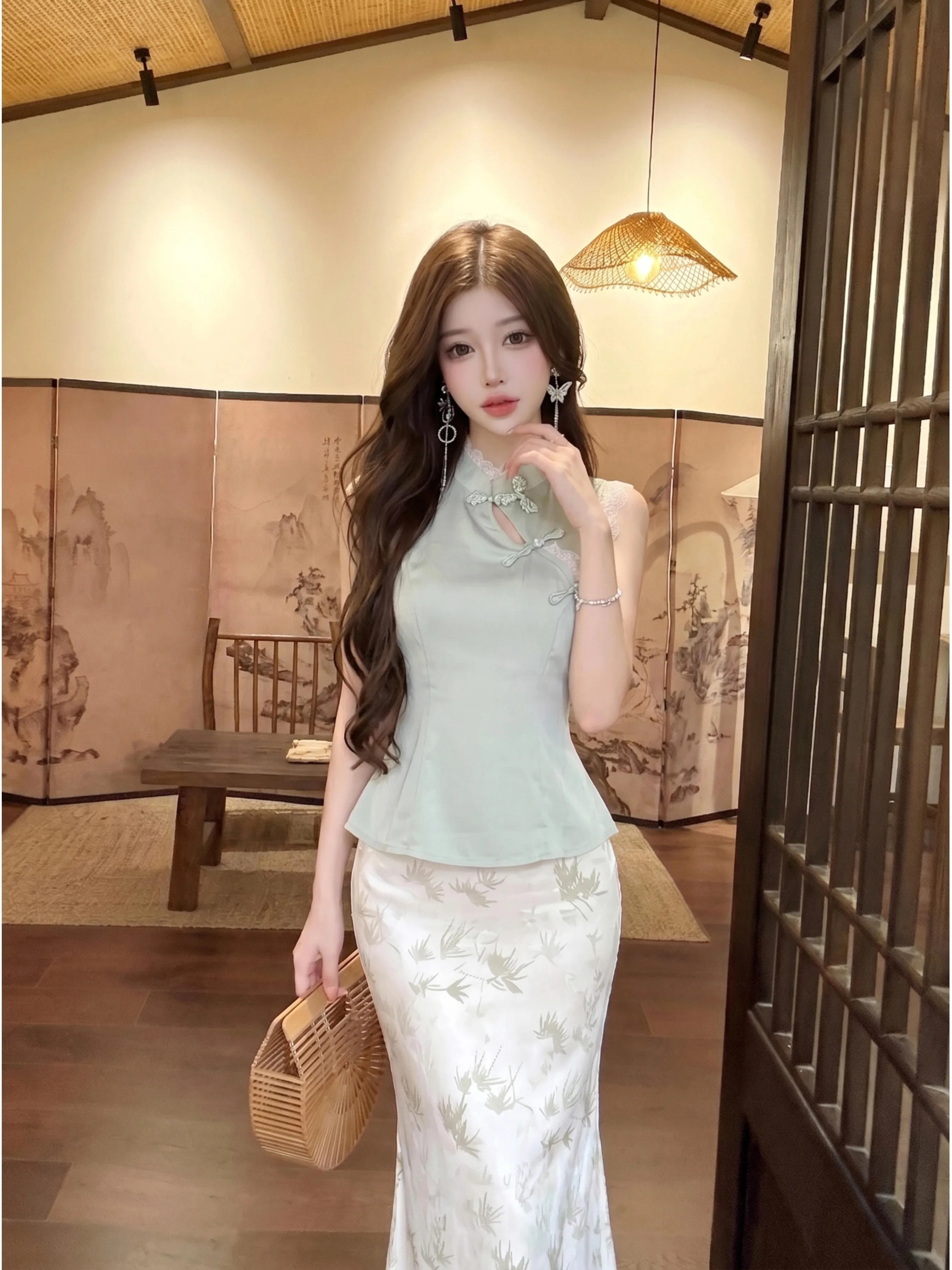 

New Chinese Style High-End Lace Sleeveless Stand Collar Button Print Silk Satin Skirt Set Summer Fashion Ensemble for Women