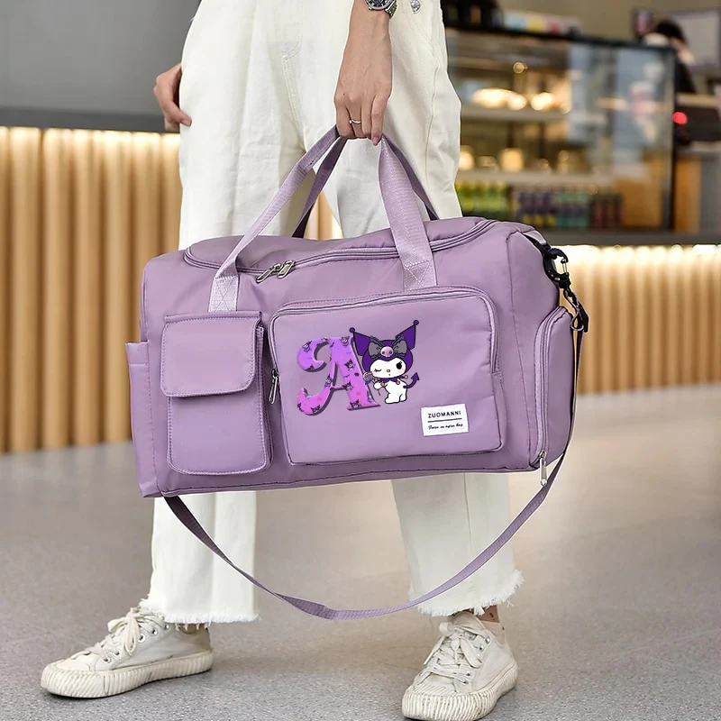 Kuromi Women Carry on Travel Bags Anime Sanrio Printed Letter Large Gym Duffle Bags with Shoe Compartment Sport Fitness Handbags