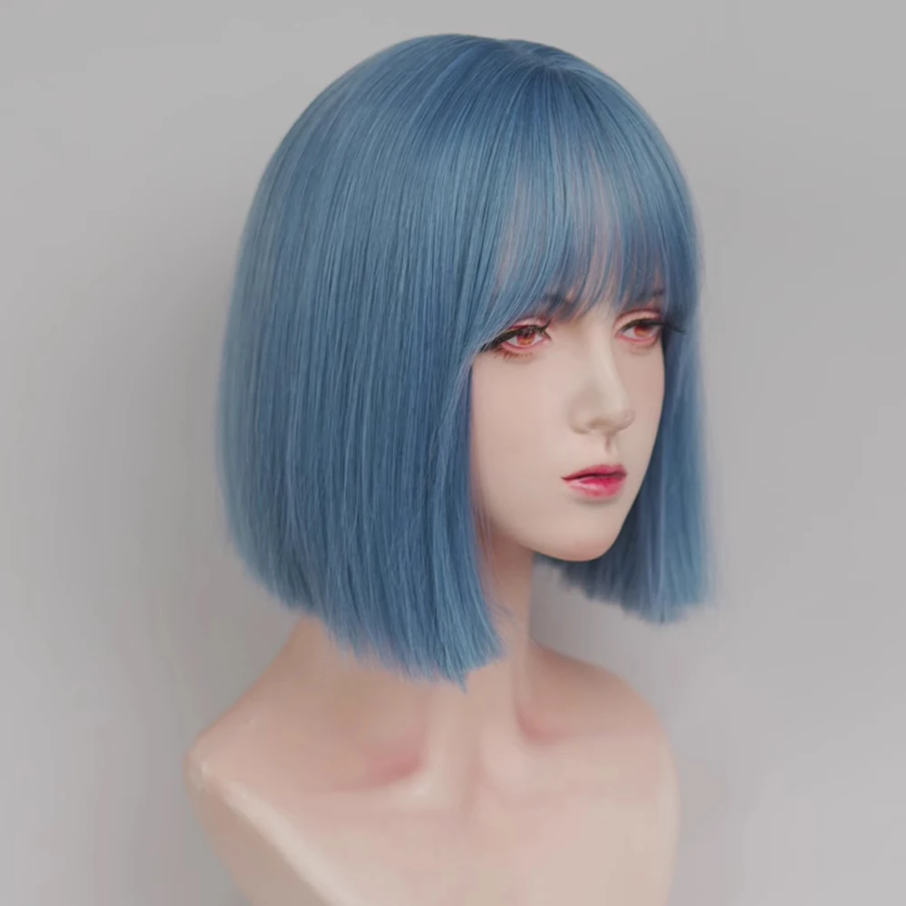 VICWIG Short Straight Blue Wig with Bangs Synthetic Women Lolita Cosplay Natural Hair Wig for Daily Party