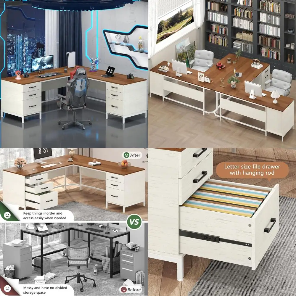 

Large Corner Desk with 6 Drawers, Storage Cabinet, Metal and Wood Home Office Computer Desk for Executive Writing and Study