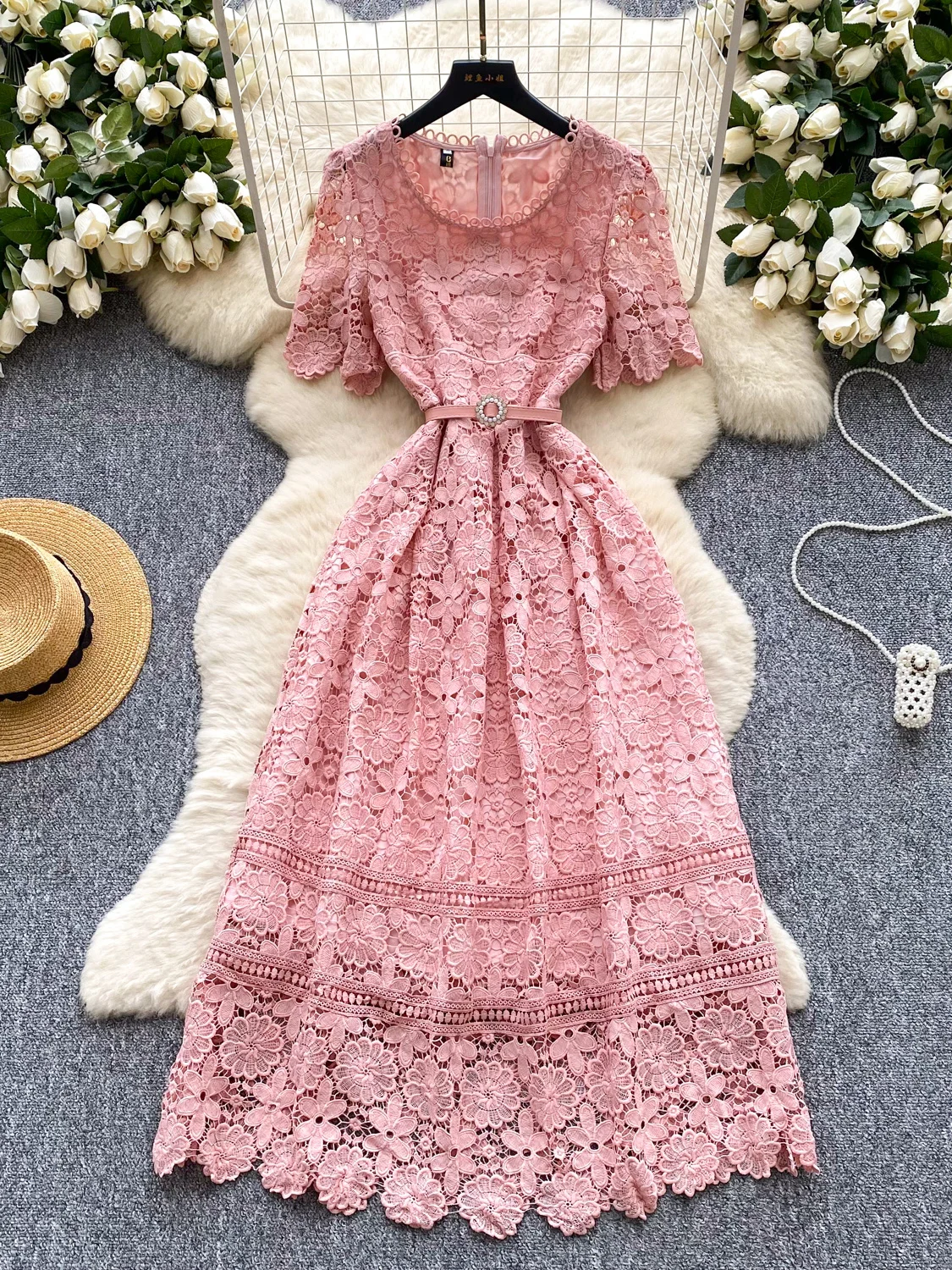 Ele dentelle évider crochet fleur femmes Dr été minceur taille haute a-ligne jupe Midi coréen Sle trajet Dr