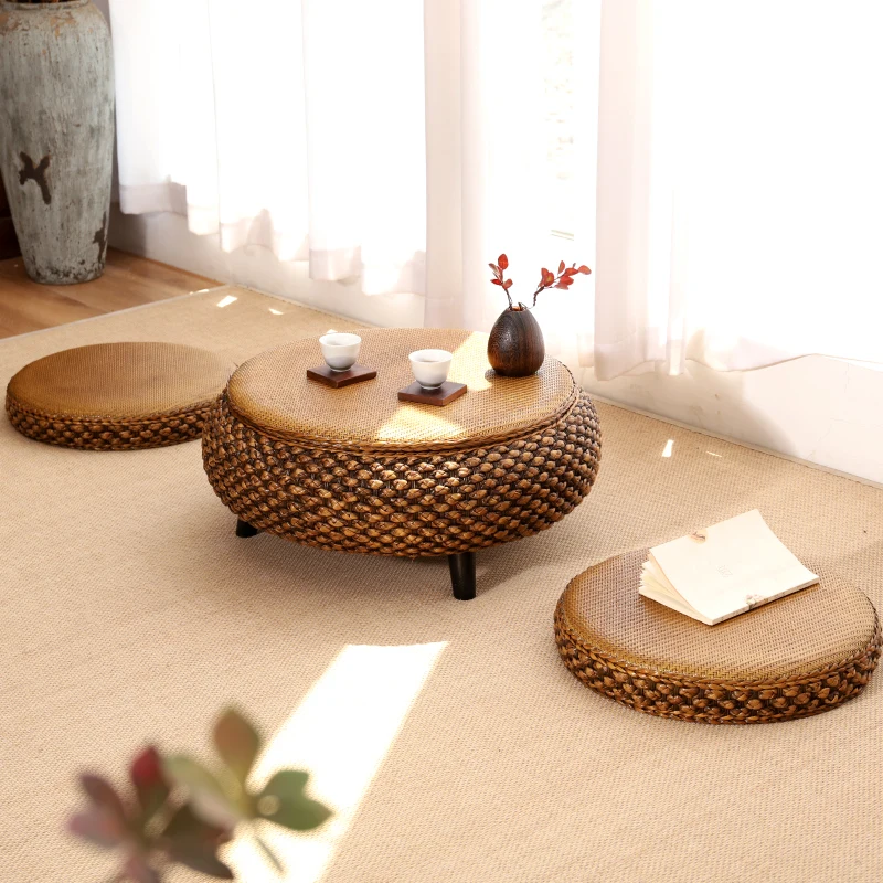 

Handwoven Balcony Window Tables Tatami Small Coffee Table Bedroom Household Windowsill Table Can Be Stored Zen Side Tables