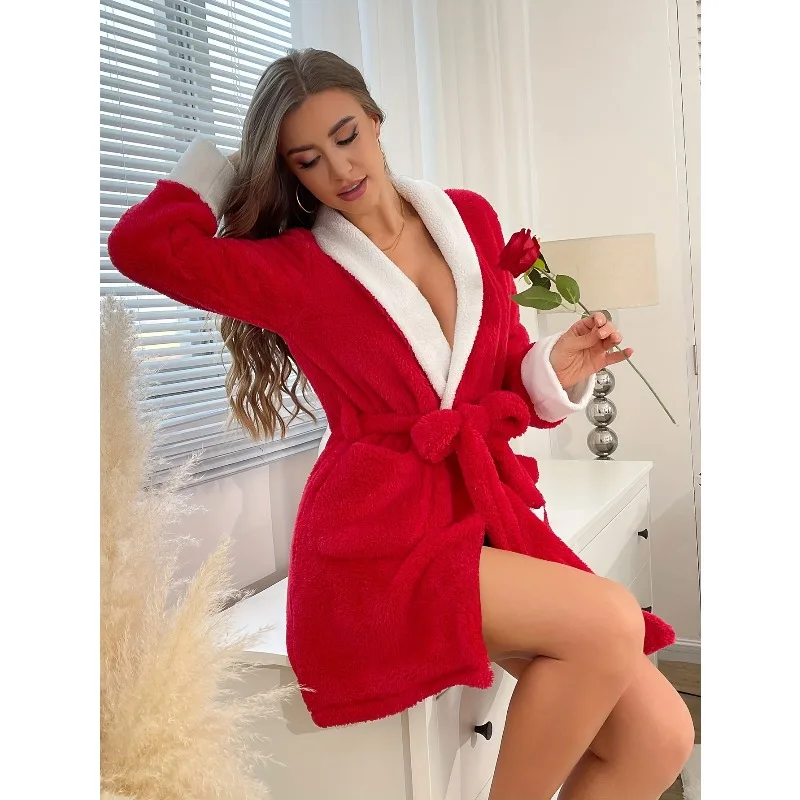 

GLEC 1 шт. женская плюшевая ночная рубашка - мягкий красный халат с завязкой на талии, длинными рукавами и двойными карманами, уютный осенне-зимний домашний костюм