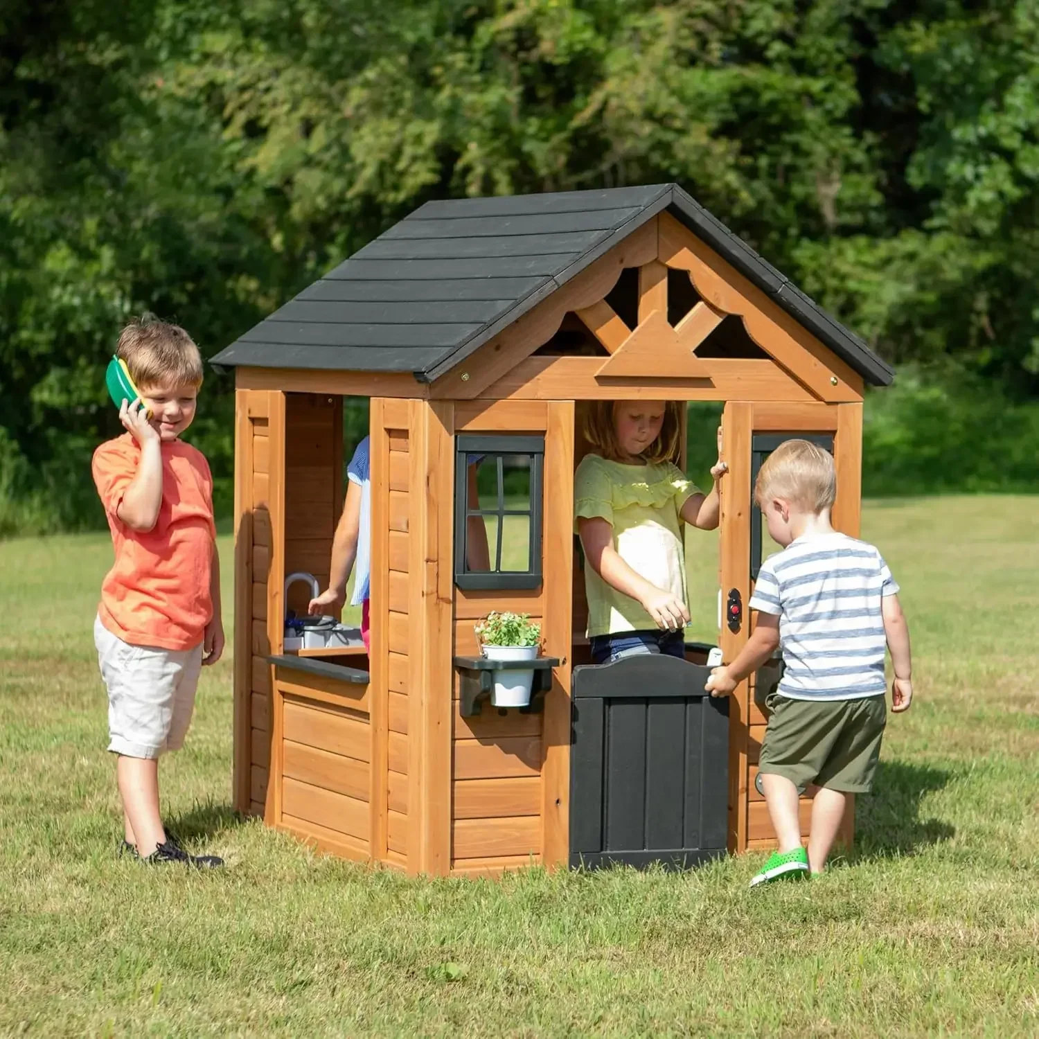 Backyard Discovery Sweetwater All Cedar Wooden Playhouse Light Brown Side Snack Window, Perfect Serving Up Drinks and Treats