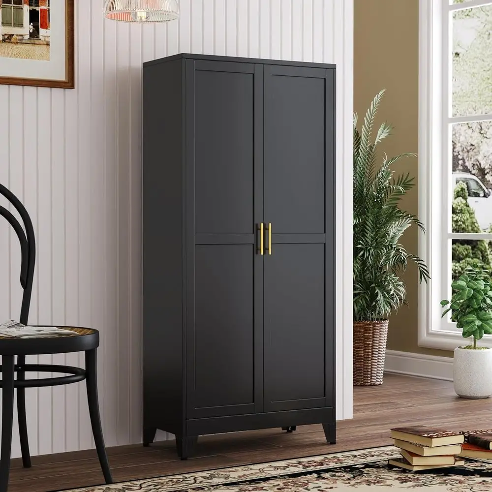 

Black Metal Kitchen Pantry Cabinet with 2 Doors and 3 Adjustable Shelves for Versatile Storage in Kitchen, Living, or Dining Are