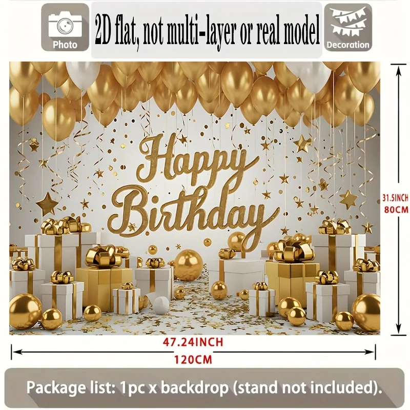 Gold Balloons Happy Birthday Luxury Party Backdrop 2D Flat Banner Elegant Celebration Decoration Wedding Anniversary Photo Booth