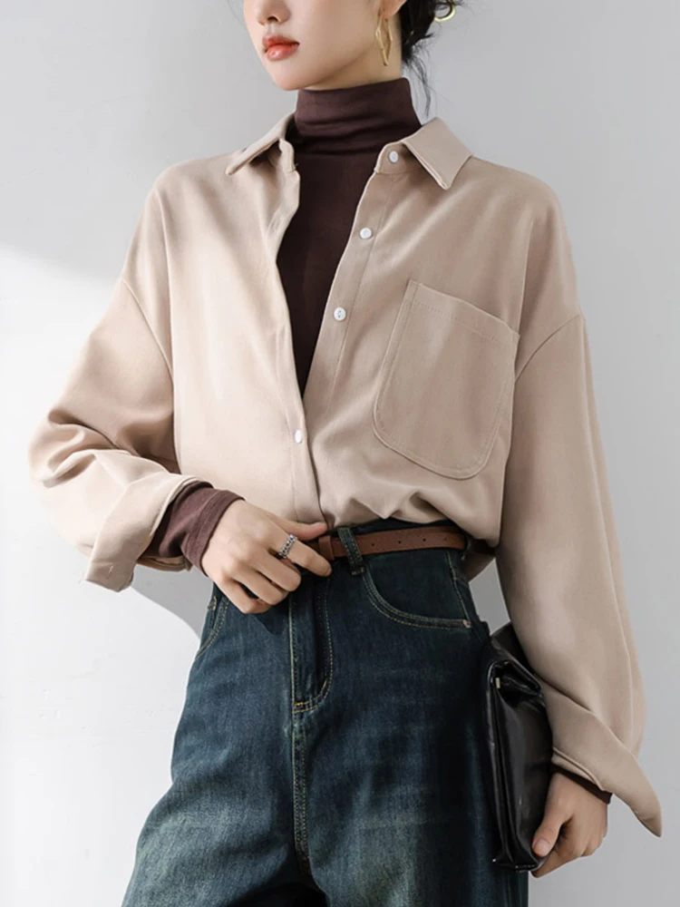 Retro Corduroy Shirt Women Long Sleeve Turn-Down Collar Sanding Single-Breasted Buttons Blouse Female Elegant Tops Office Ladies