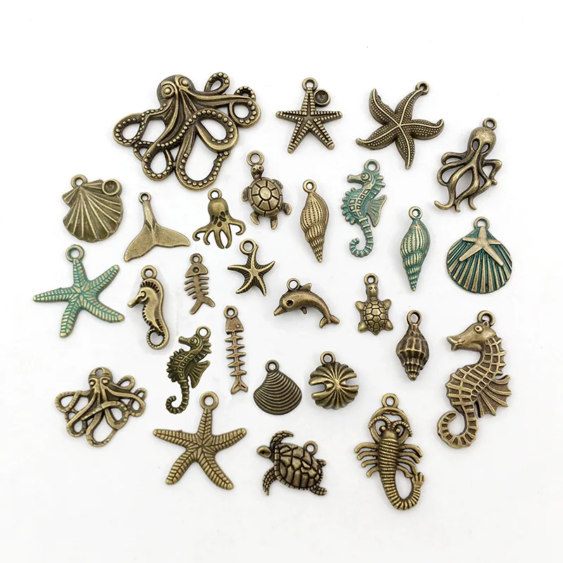 28 Pcs Assorted Antique Ocean Themed Charms Bronze Ocean Fish Sea Creatures Beads Pendants for Jewelry Making and Craft Making