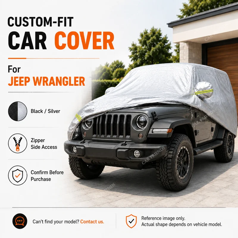 For Jeep Wrangler Custom Fit Full Car Cover Silver-Coated Oxford Fabric Side Zipper Access UV Protection Summer Sun Protection