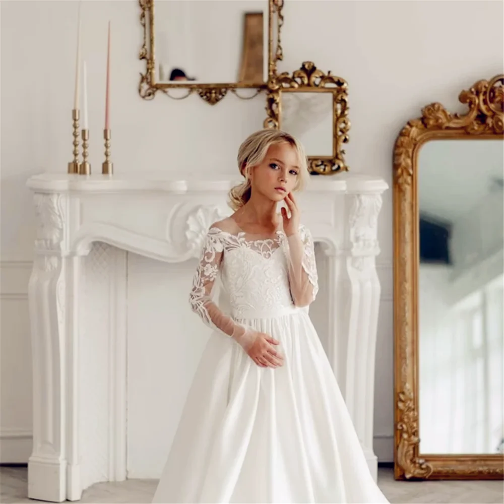 Vestidos de primera comunión, vestidos de niña de flores de Ángel Blanco, apliques de patrón blanco satinado, manga larga para boda, fiesta de cumpleaños