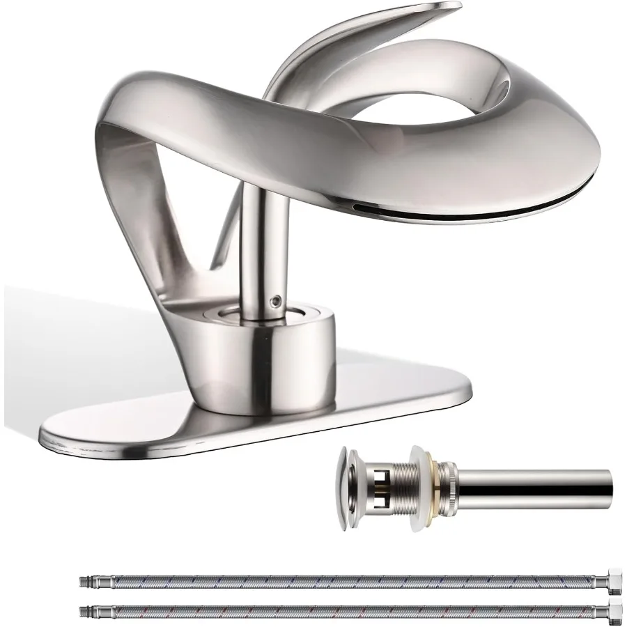 

Elegant Bathroom Sink Faucet Single Hole Waterfall Brushed Nickel Vanity Sink Faucet Solid Brass Single Handle Basin Tap with P