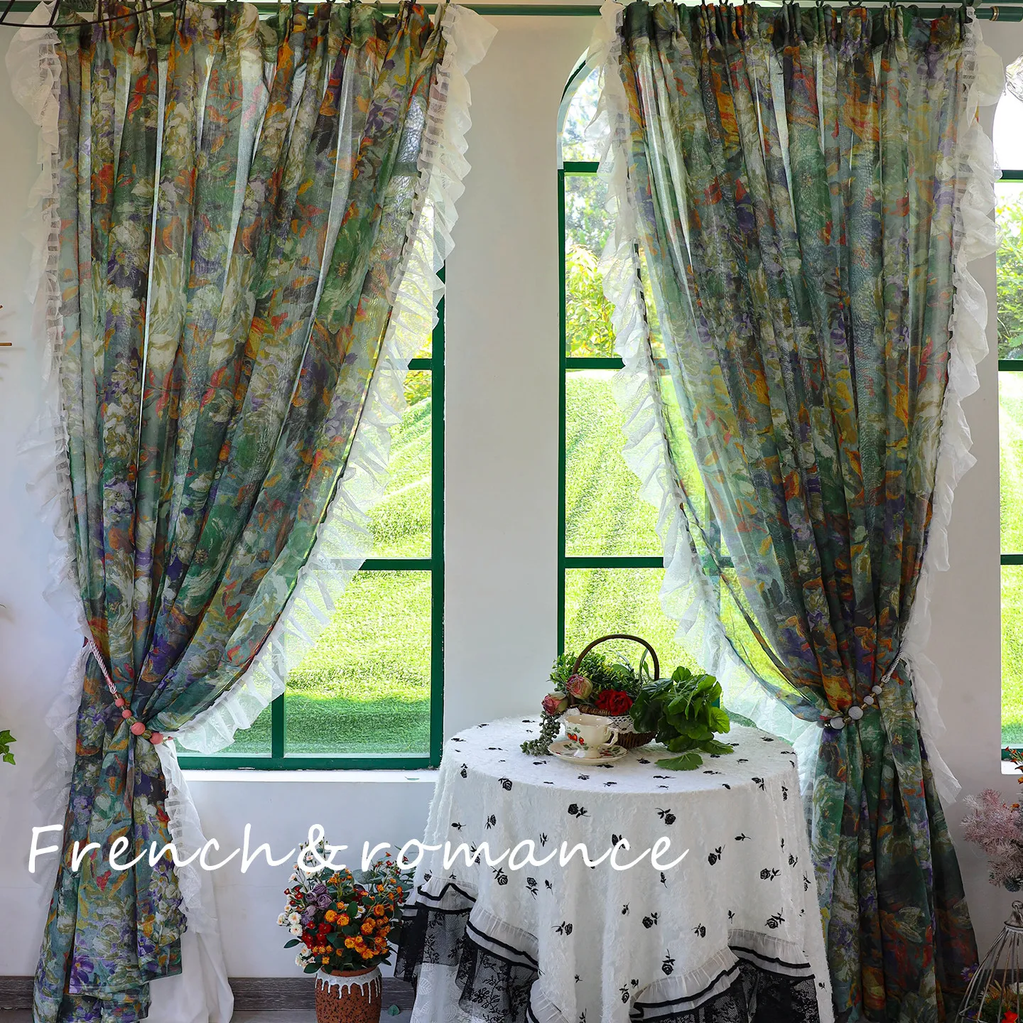 Summer Pond Impressionist Sheer Curtain with lace,Short Tie-up Linen Tulle for Kitchen,Bedroom 1 Panel